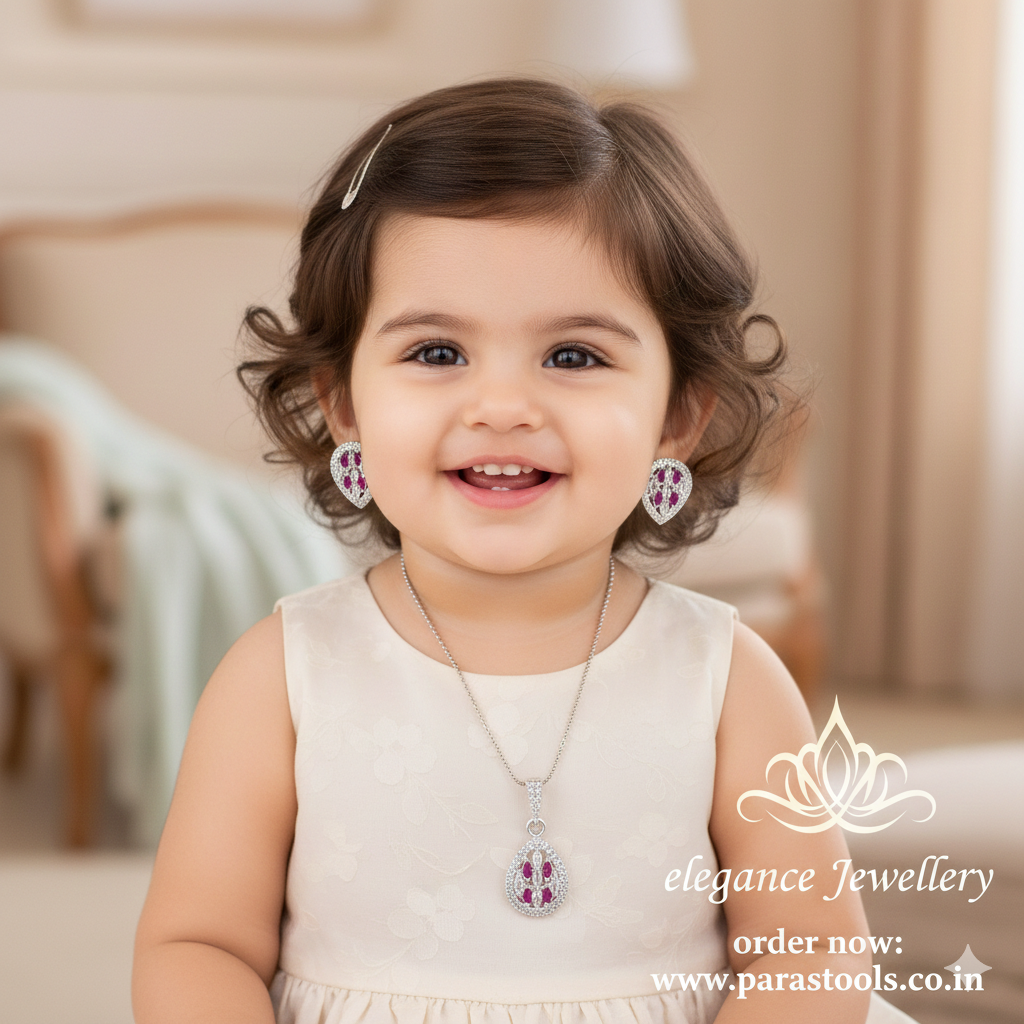 Silver Tops & Pendent Set With Pink Stone (Without Neck Chain)