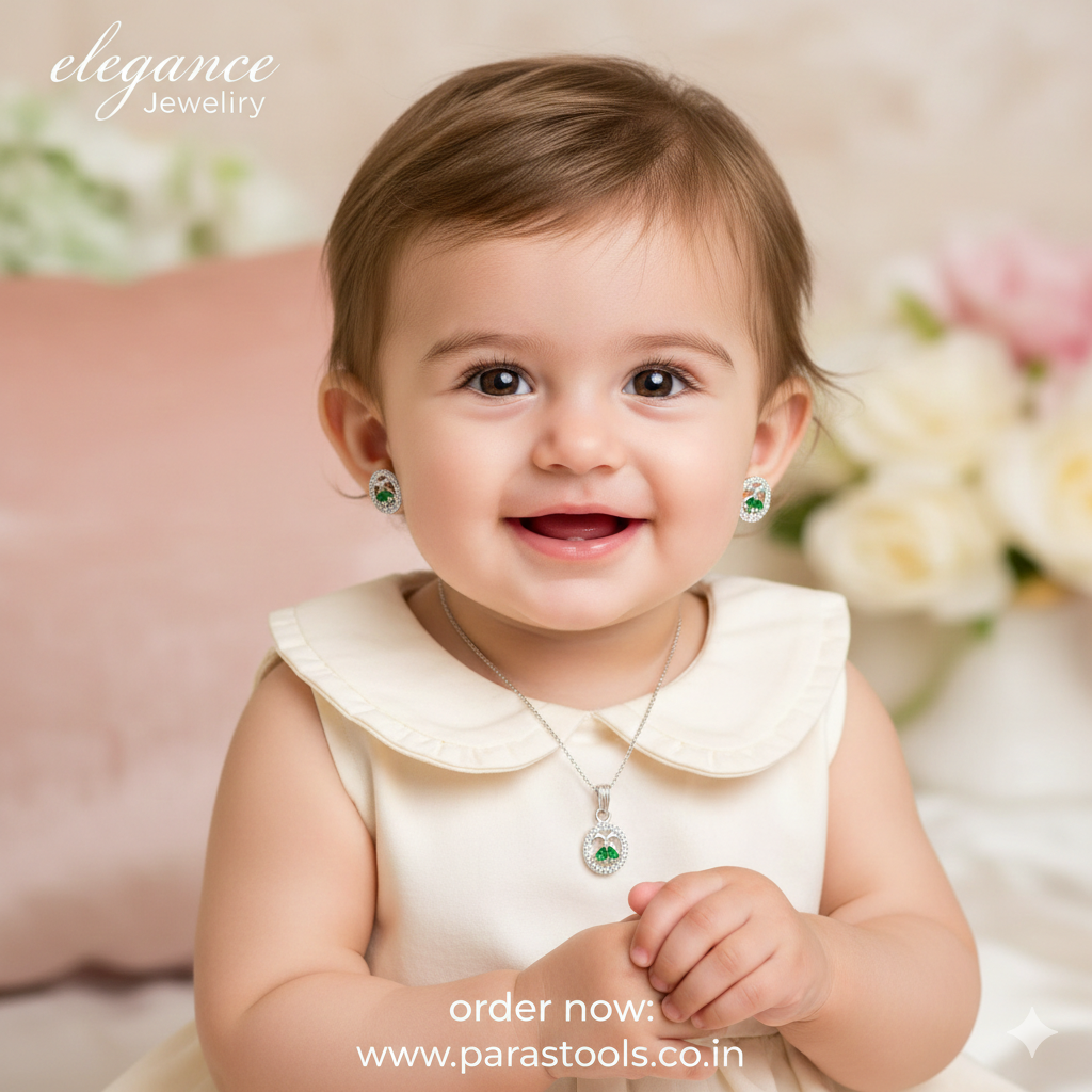 Silver Tops & Pendent Set With Embryoid Green Stone (Without Neck Chain)